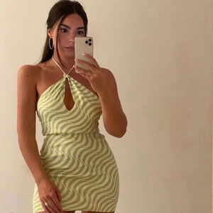 Zara Satin Effect Halter Mini Dress NWT Green White Size Small Blogger Fav
